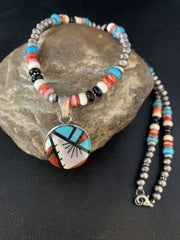 Zuni Multi-Color Turquoise Onyx Necklace | Sterling Silver Inlay Pendant | Authentic Native American Handmade | 13800