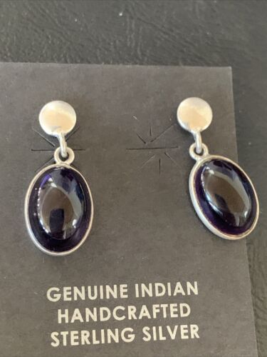 Navajo Black Onyx Post Drop Earrings | Sterling Silver | 0.5" | Authentic Native American Handmade | 12648
