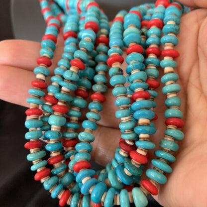 Southwestern Santo Domingo Coral Spiny Blue Turquoise Necklace | 5 Strand | 22" | 12049