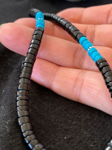 Navajo Blue Turquoise Heishi Onyx Necklace | Sterling Silver | Authentic Native American Handmade | 19" | 8823