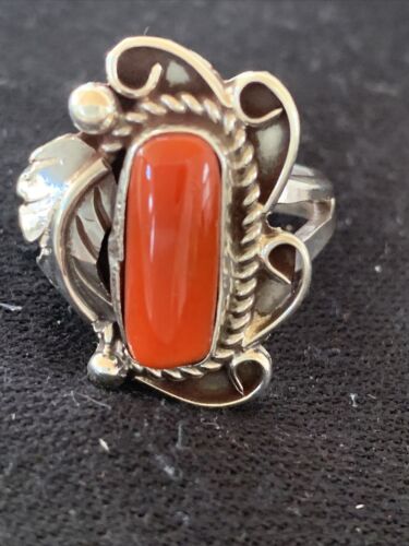 Navajo Red Coral Ring | Sterling Silver | Sz 9 | Authentic Native American Handmade | 01299 - Masha USA