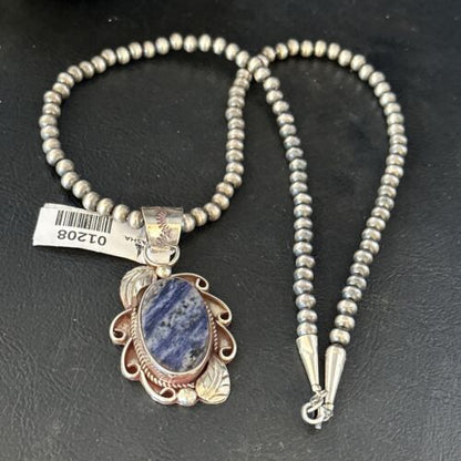 Navajo Denim Lapis Pendant Necklace | Sterling Silver Beads | Authentic Native American Handmade | 1208