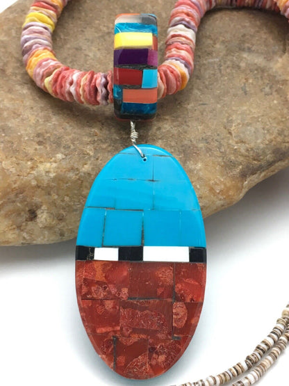 Authentic Native American Santo Domingo Multi-Color Spiny Sterling Silver Necklace with Inlay Pendant | 24" | 2915