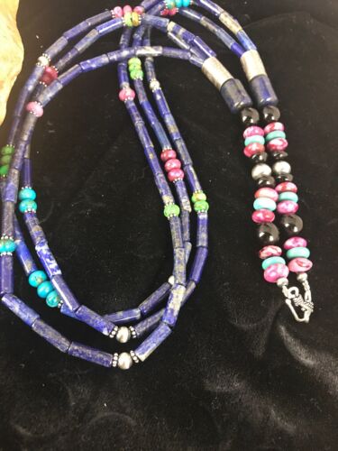 Navajo Denim Lapis Multi Strand Necklace | Sterling Silver | 22" | Authentic Native American Handmade | 3342 - Masha USA