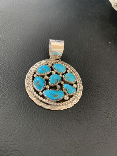 Navajo Blue Kingman Turquoise Cluster Pendant | Authentic Native American Sterling Silver | Multi-Stone | 2" | 02094