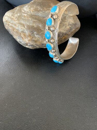 Navajo Kingman Turquoise Cuff Bracelet | Sterling Silver | Leaf Shape | 7 Stones | 12163 - Masha USA