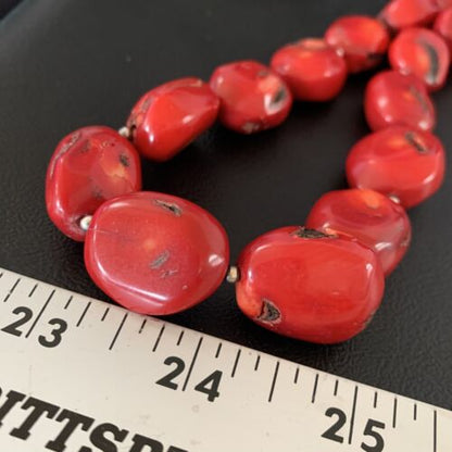 Native American Navajo Red Coral Bead Necklace | Sterling Silver | 18" | 13407