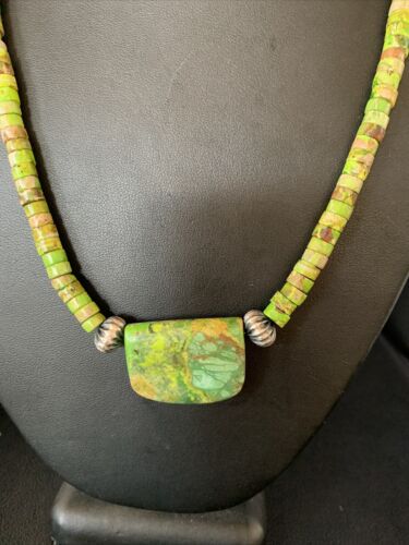 Navajo Green Gaspeite Turquoise Pendant | Sterling Silver | Authentic Native American Handmade | 13917
