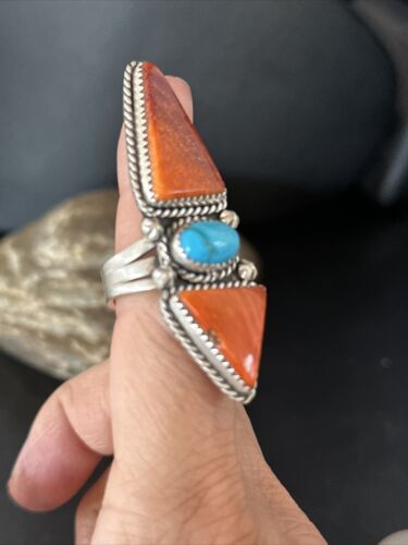 Navajo Orange Spiny Oyster Multi-Stone Ring | Authentic Native American Sterling Silver | Multi-Stone | Sz 7 | 14507