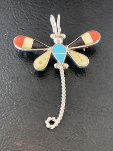 Zuni Turquoise Yellow Mother of Pearl Inlay Dragonfly Necklace Pin Pendant | Sterling Silver | 12323