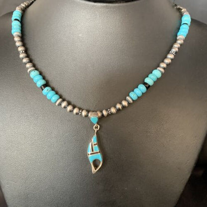 Navajo Blue Turquoise Onyx Inlay Pendant Necklace | Sterling Silver | Authentic Native American Handmade | 13846
