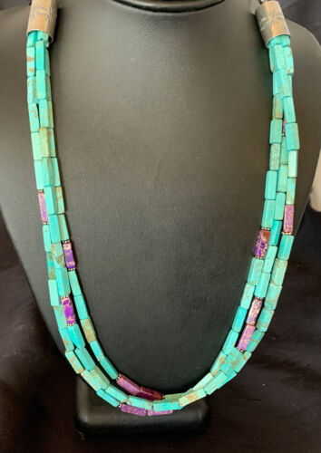 Navajo Blue Turquoise Jasper Bead Necklace | 3-Strand Sterling Silver | 24" | Authentic Native American Handmade | 12512