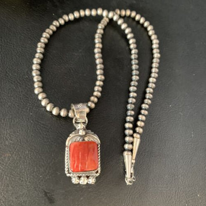 Navajo Red Spiny Oyster Square Pendant Necklace | Sterling Silver | Authentic Native American Handmade | 13634
