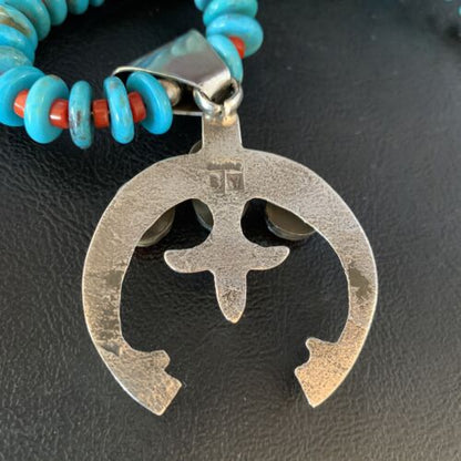 Navajo Sterling Silver Necklace | Blue Turquoise & Coral Naja Pendant | Authentic Native American Handmade | 13748