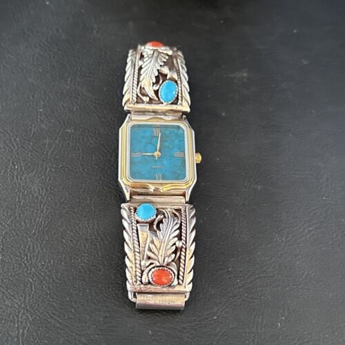 Authentic Navajo Men's Watch Tips Band | Turquoise Coral Feather | Sterling Silver | Native American Jewelry | 14312