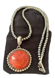 Native American Men's Navajo Red Apple Coral Pendant Necklace | Sterling Silver | 1314