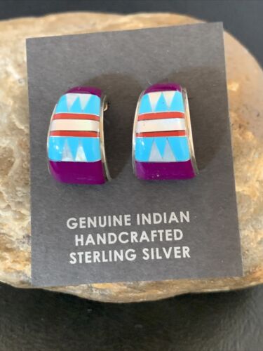 Navajo Multi-Color Turquoise Sugilite Inlay Earrings | Sterling Silver | 0.50" | 12998