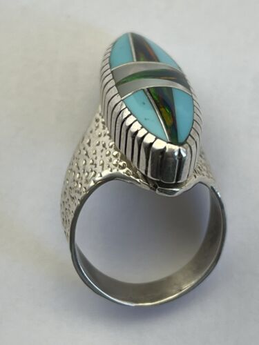 Navajo Opal & Turquoise Inlay Ring | Sterling Silver | Sz 7.5 | Authentic Native American Handmade | 1597
