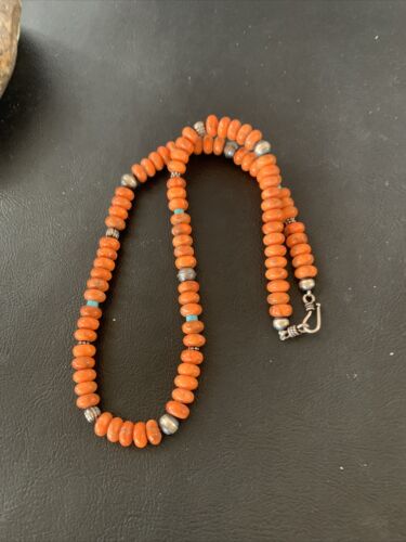 Southwestern Navajo Apple Coral Bead Necklace | Sponge Sterling Silver | Authentic Native American Handmade | 20" | 02043
