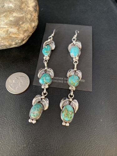 Navajo Sonoran Gold Turquoise Earrings | Sterling Silver | 3 Dangle | Authentic Native American Handmade | 13926