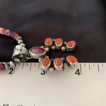 Navajo Purple Spiny Oyster Cluster Necklace | Sterling Silver Naja Pendant | Authentic Native American Handmade | 13154