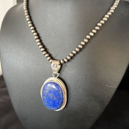 Native American Men's Navajo Pearls Necklace Pendant | Sterling Silver Lapis | 14467