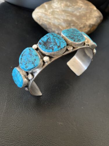 Navajo Sterling Silver Blue Kingman Turquoise Cuff Bracelet | 6 Stone | Authentic Native American Handmade | 12166