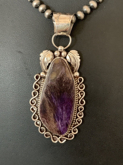 Navajo Pearls Necklace with Purple Charoite Pendant | Sterling Silver | Authentic Native American Handmade | 652