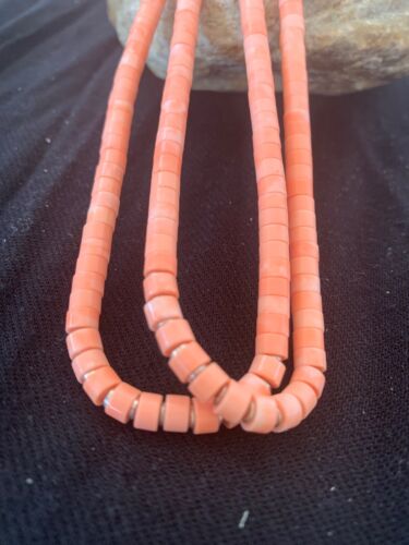 Navajo Pink Stabilized Coral Heishi Bead Necklace | 2 Strand | Sterling Silver | Authentic Native American Handmade | 4701