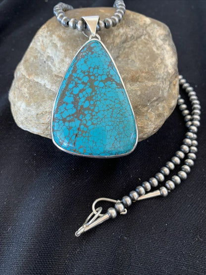 Navajo Pearls Sterling Silver Blue Spiderweb Turquoise Necklace Pendant | Men's Southwestern | 00918