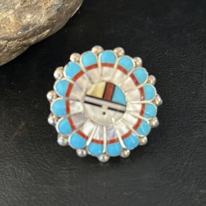 Navajo Zuni Sun Face Ring | Sterling Silver Turquoise Onyx Mother of Pearl Inlay | Sz 8 | 14451