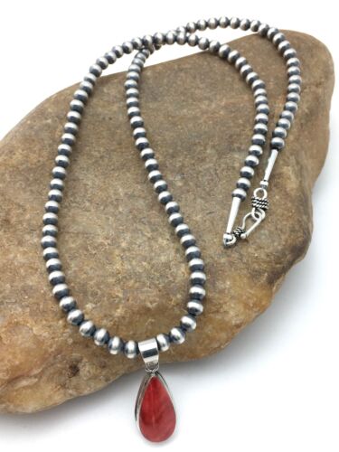 Navajo Red Spiny Oyster Pendant Necklace | Sterling Silver | Authentic Native American Handmade | 4414