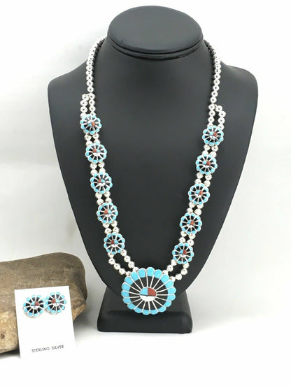 Zuni Sun Face Turquoise Inlay Sterling Silver Squash Blossom Necklace Set | Native American Handmade | 1308
