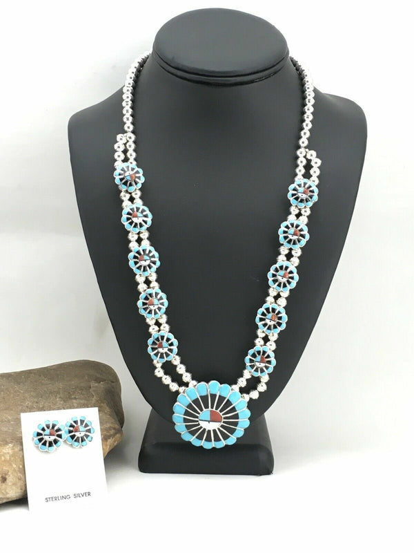 Zuni Sun Face Turquoise Inlay Sterling Silver Squash Blossom Necklace Set | Native American Handmade | 1308