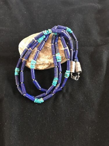 Turquoise Denim Lapis Multi Strand Navajo Necklace | Sterling Silver 23" | Southwestern | 3318 - Masha USA