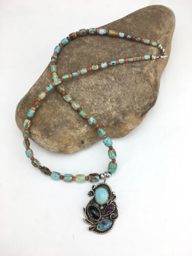 Navajo Turquoise and Spiny Oyster Multi-Stone Necklace | Authentic Native American Sterling Silver | 21" | 4885