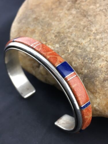 Native American Spiny Oyster & Lapis Inlay Bracelet | Navajo Sterling Silver | 4544