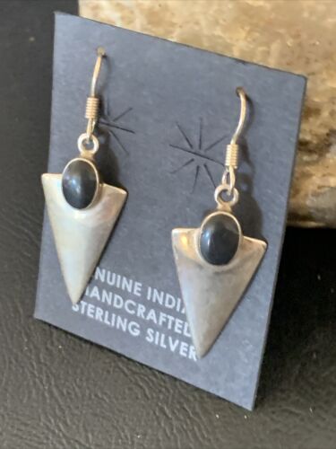 Navajo Black Onyx Drop Dangle Earrings | Sterling Silver | 1" | Authentic Native American Handmade | 12645