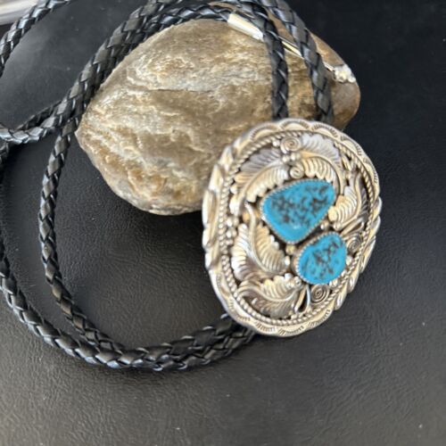 Native American Men's Bolo Tie | Blue Kingman Turquoise | Sterling Silver | Navajo Handmade | 14280
