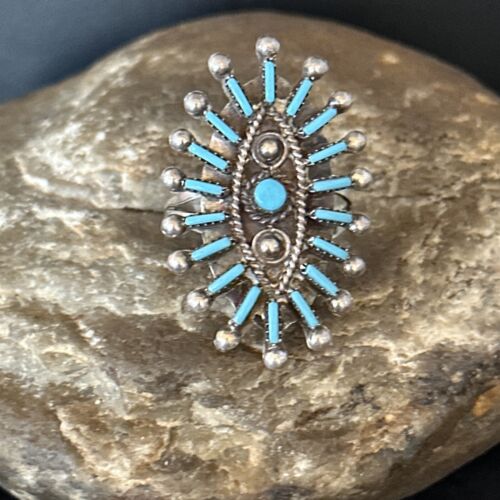 Zuni Blue Turquoise Cluster Needle Point Ring | Authentic Native American Sterling Silver | Multi-Stone | Sz 9 | 14568