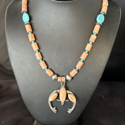 Navajo Pink Coral & Blue Turquoise Necklace with Naja Pendant | Sterling Silver | Native American Handmade | 14813