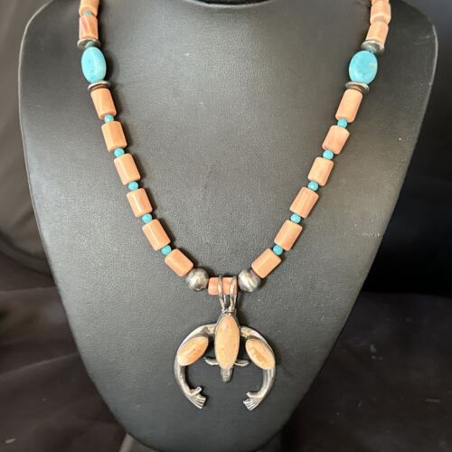 Navajo Pink Coral & Blue Turquoise Necklace with Naja Pendant | Sterling Silver | Native American Handmade | 14813