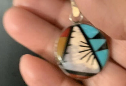 Zuni Multi-Color Turquoise Onyx Necklace | Sterling Silver Inlay Pendant | Native American Handmade | 13564