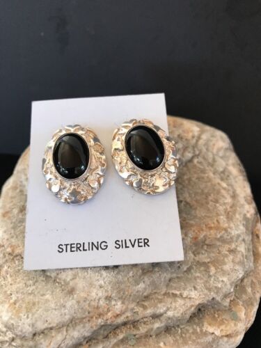 Native American Onyx Nugget Design Earrings | Sterling Silver | Southwestern Handmade | 1" | 3745