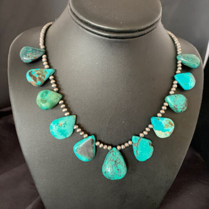 Southwestern Navajo Pearls Necklace | Sterling Silver | Blue Turquoise Teardrop | 13150