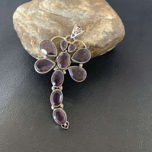 Large Dragonfly Pendant 3"| Faceted Amethyst Gems Cluster | Multi-Stone Sterling Silver| 12737