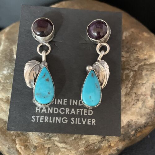 Navajo Purple Sugilite and Blue Turquoise Dangle Leaf Earrings | Sterling Silver | Native American Handmade | 13454