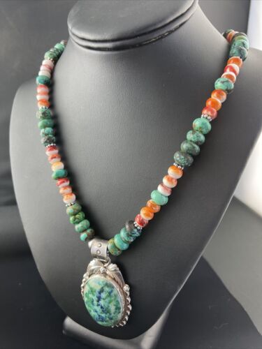 Men's Navajo Sterling Silver Necklace | Spiny Oyster & Turquoise | Moss Agate Pendant | Native American | 01625