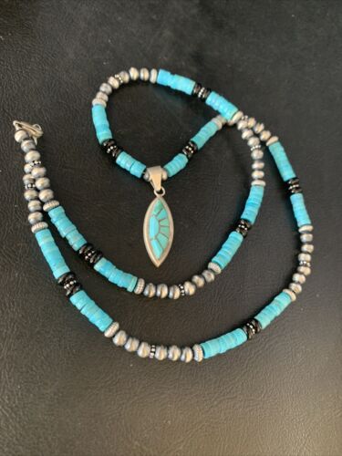Navajo Inlay Blue Turquoise Onyx Inlay Pendant Necklace | Sterling Silver | Authentic Native American Handmade | 13797