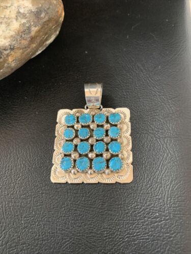 Navajo Blue Turquoise Cluster Pendant | Sterling Silver | 2" | Authentic Native American Handmade | 02098